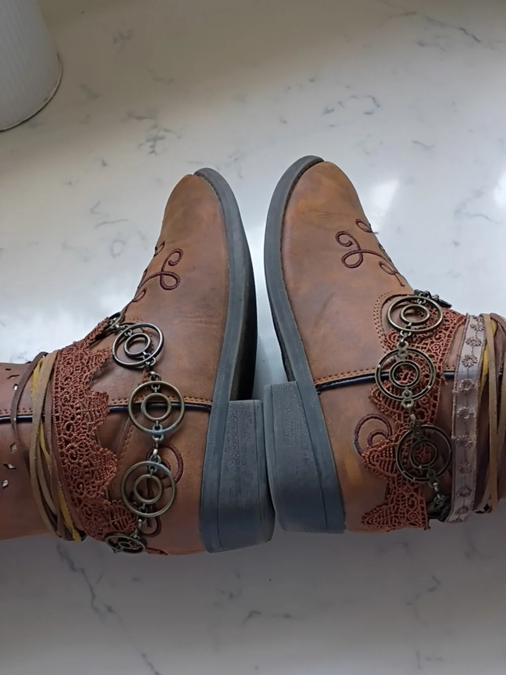 Rodeo Ropers Brown Embroidered Western Boots with Coin & Lace Accents